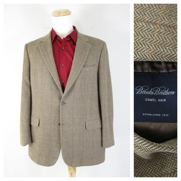 Brooks Brothers Tan Brown Windowpane Herringbone Camel Hair Sport Coat 42R